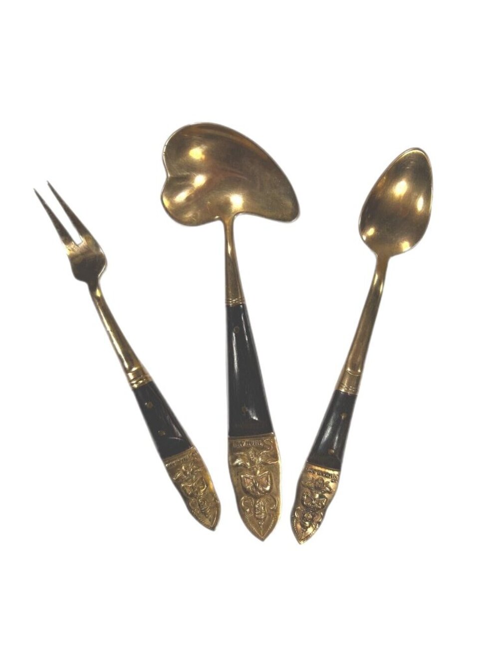 VTG LOT of 3 THAILAND SIAM Brass Wood Handle Small Serving pieces oyster spoon - Picture 1 of 7
